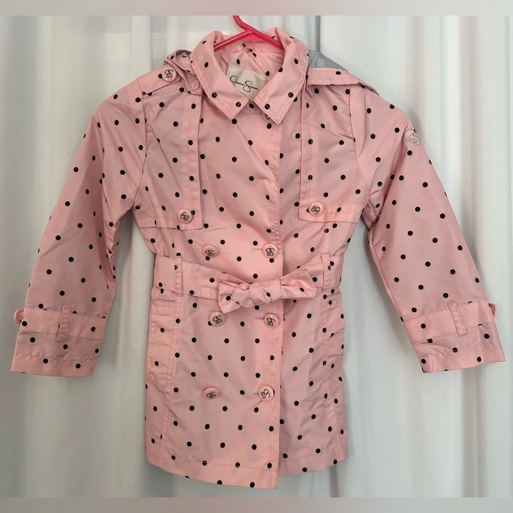 Jessica Simpson Girls Pink Polka Dot Trench Coat Size 6X | Hooded (1220)